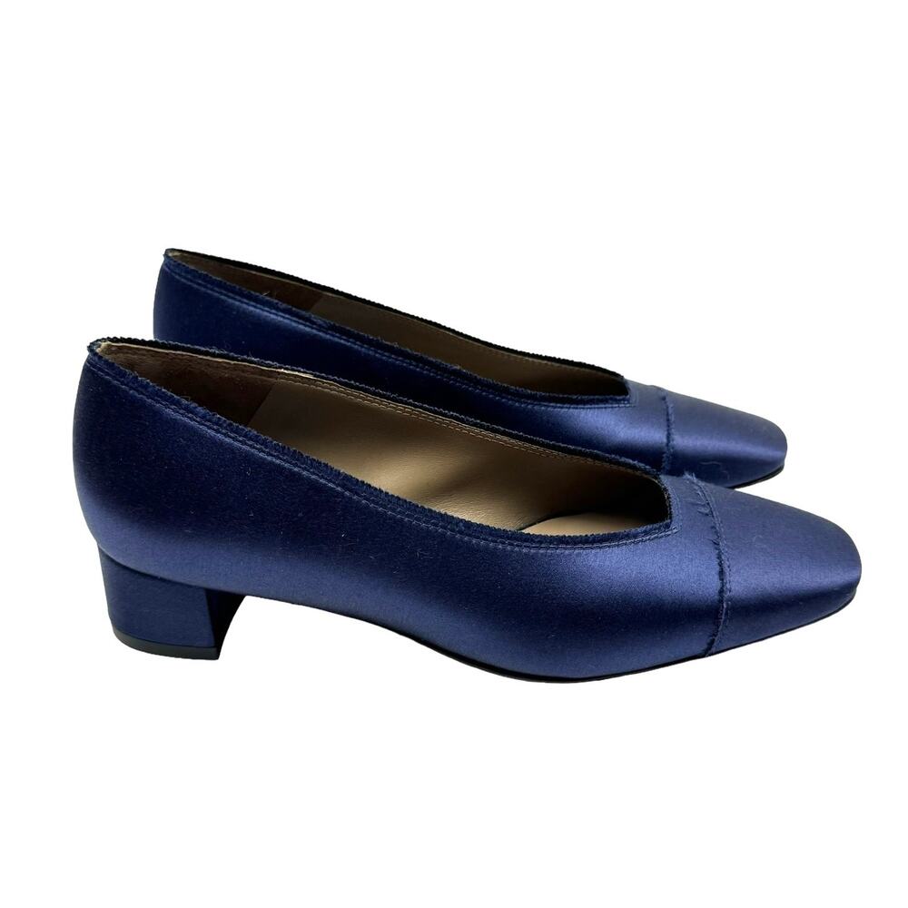 Pedro Garcia Eladia NEW Navy Silk Satin Low Block Heel Slip On Pump $550 - Picture 6 of 14